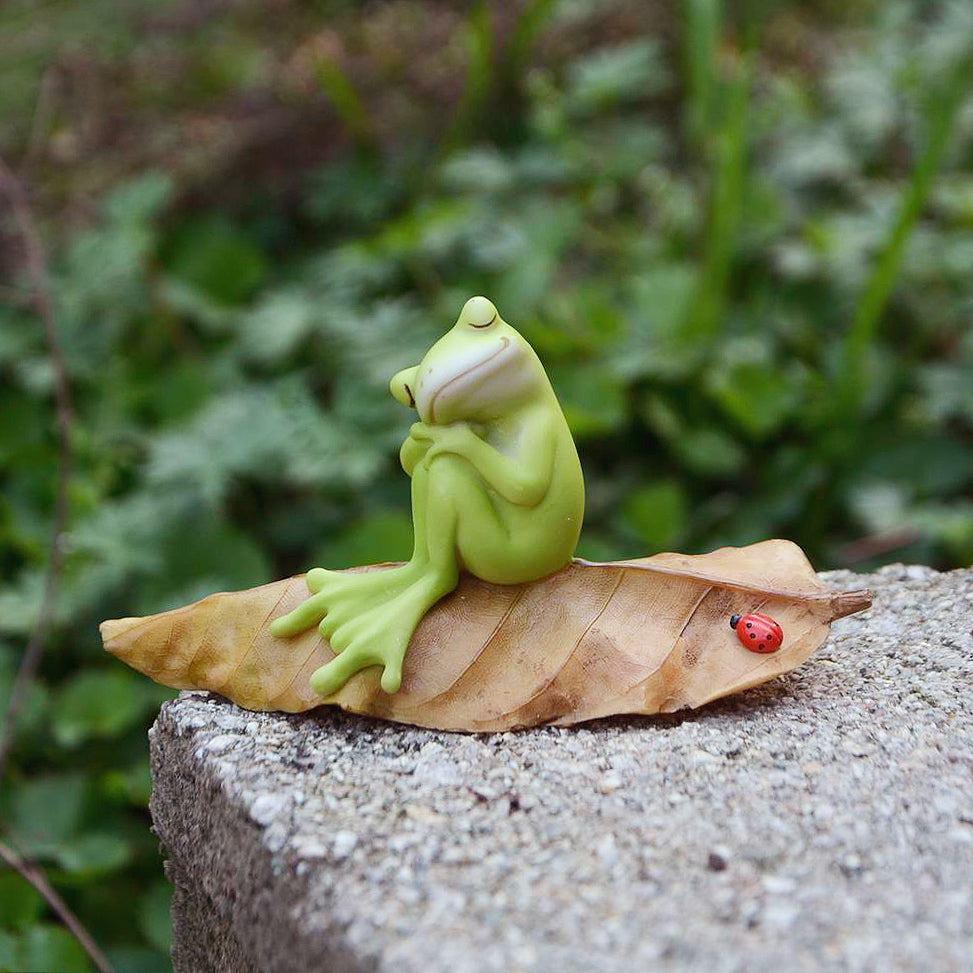 Napping Frog On Leaf With Ladybug, fairy garden,  Unicorn Feed and Supply