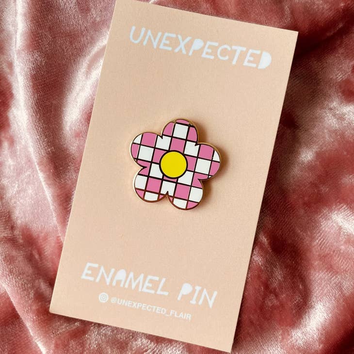 Pink Checkered Flower Pin, enamel pin,  Unicorn Feed and Supply